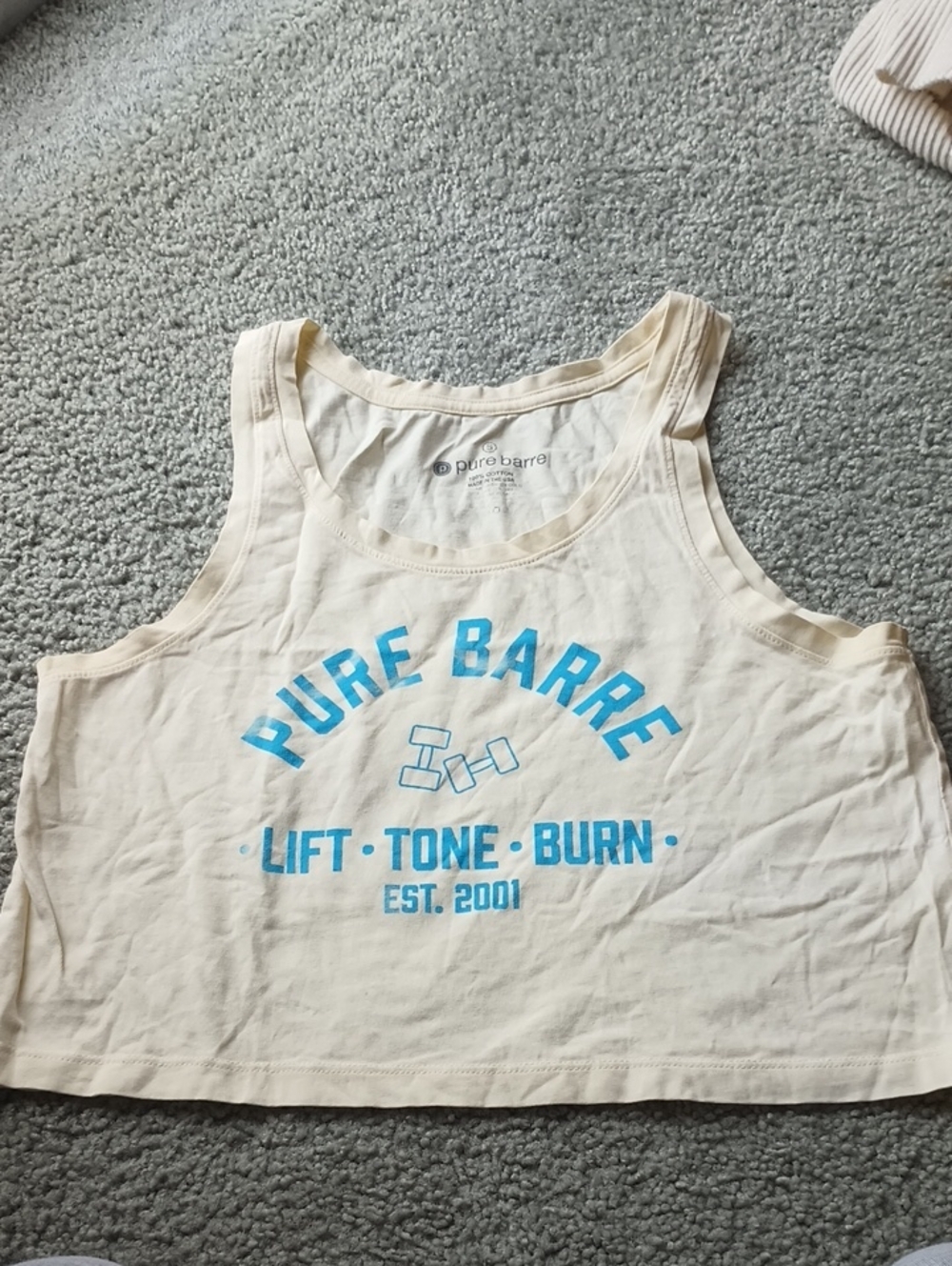 Pure Barre Cream Crop Tank with Bright Blue Logo